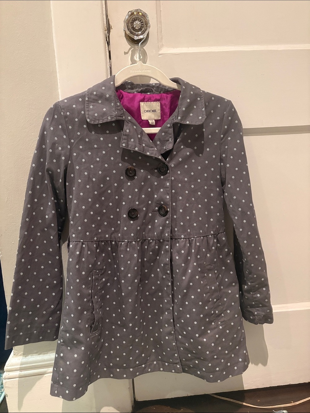 Cherokee Gray Polka Dot Double-Breasted Girls' Pea Coat with Pink Lining